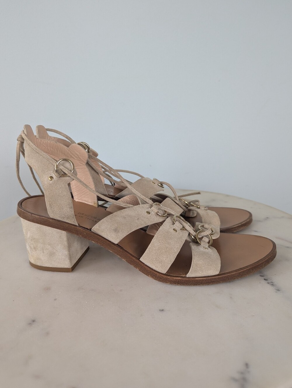 Club Monaco Women's Tan Suede Ankle Wrap Gladiator Sandals